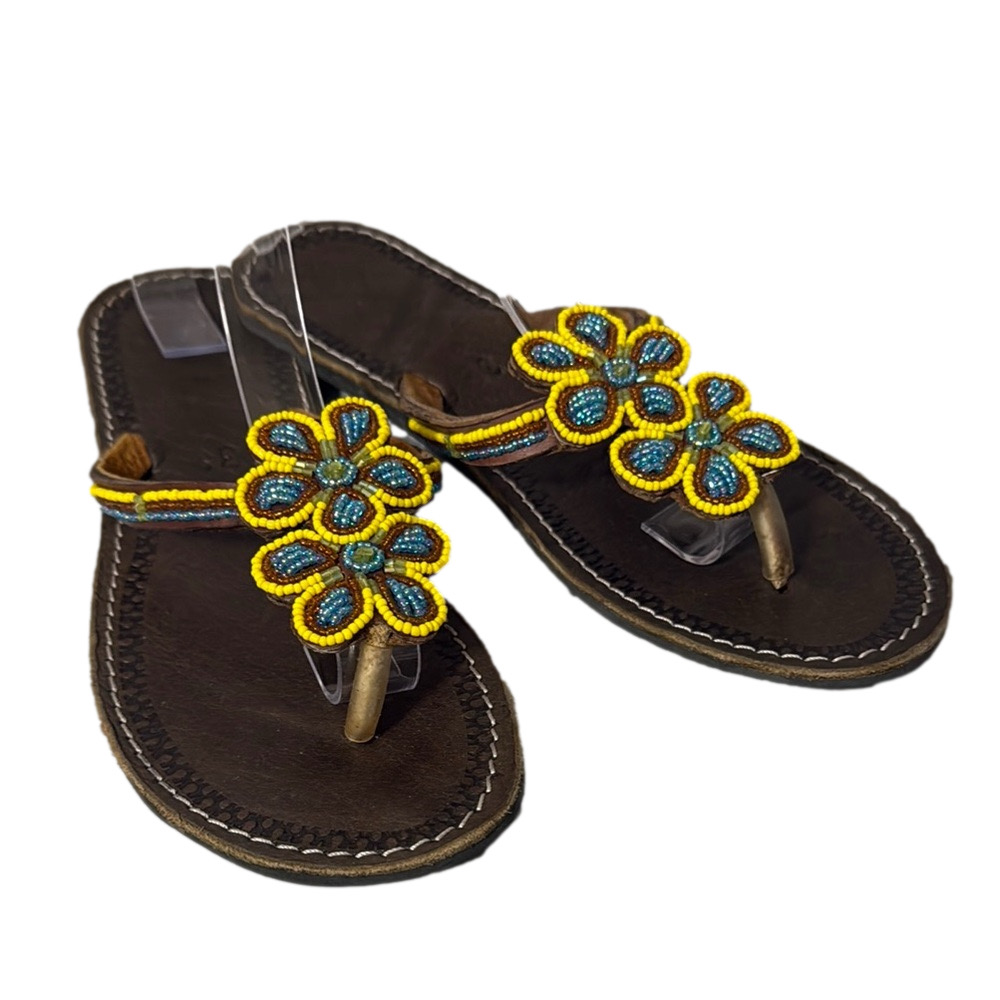 Unbranded Brown and Yellow Boho Floral Beaded Leather Sandals Size 39 Resortwear